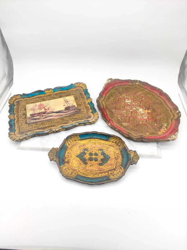 Lote de 3 Bandejas Florentinas de Italia de madera policromada c.1960