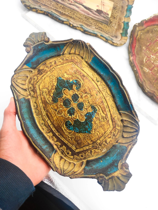 Lote de 3 Bandejas Florentinas de Italia de madera policromada c.1960