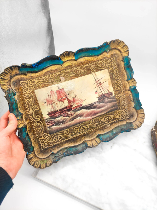 Lote de 3 Bandejas Florentinas de Italia de madera policromada c.1960