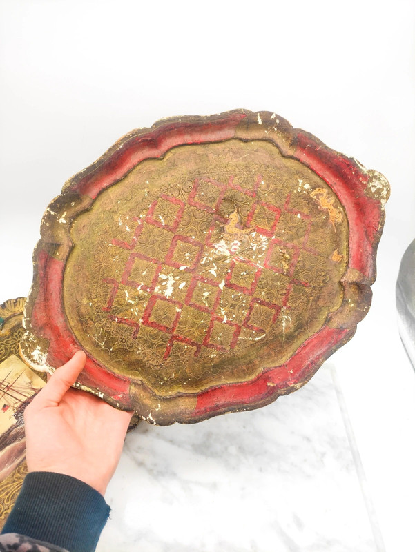 Lote de 3 Bandejas Florentinas de Italia de madera policromada c.1960