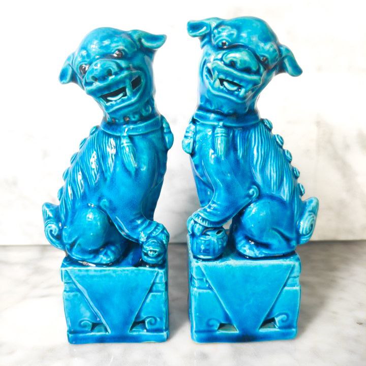 Pareja Perros Foo Chinos 16cm azules c.1950