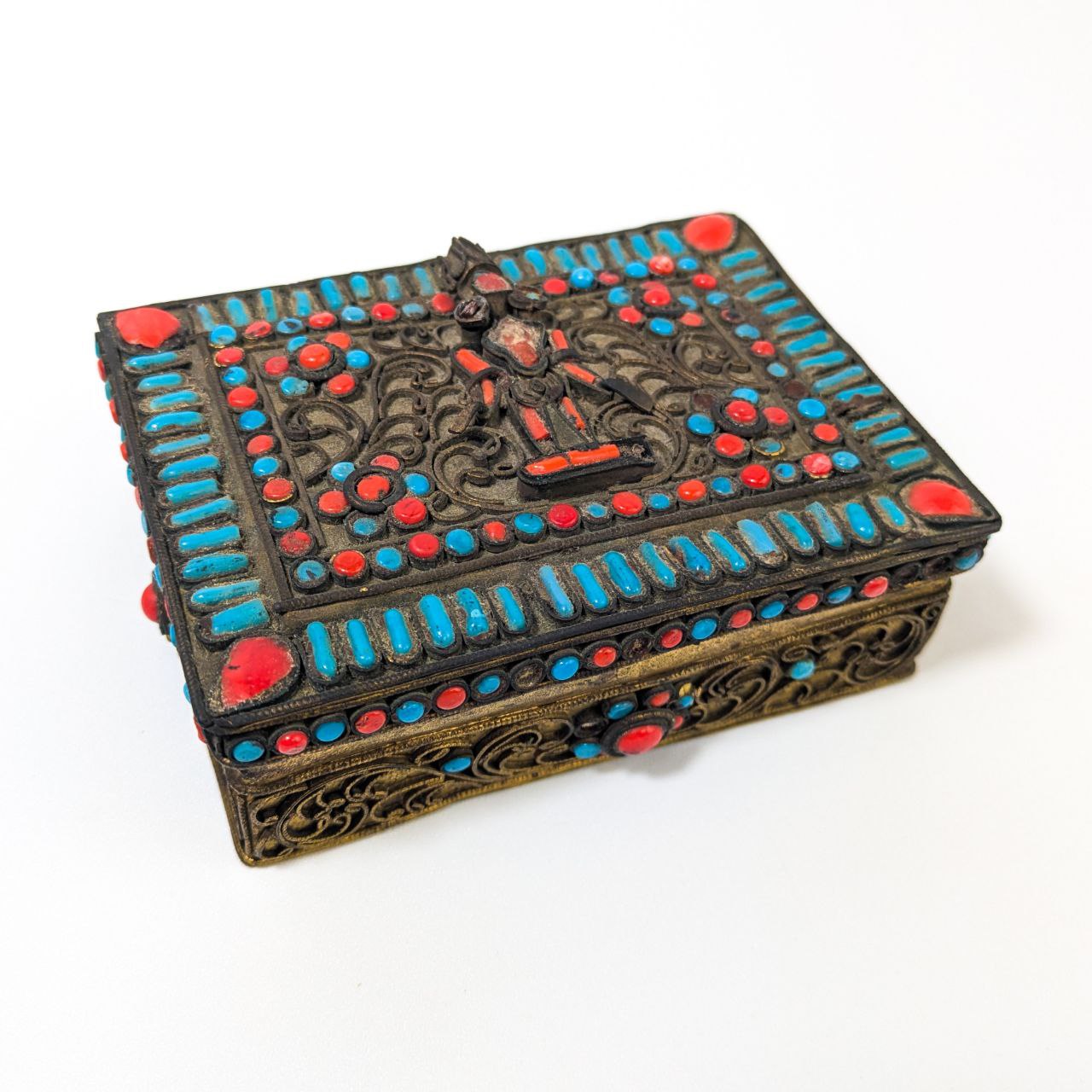 Caja Tibetana Filigrana, coral y Turquesa c.1900