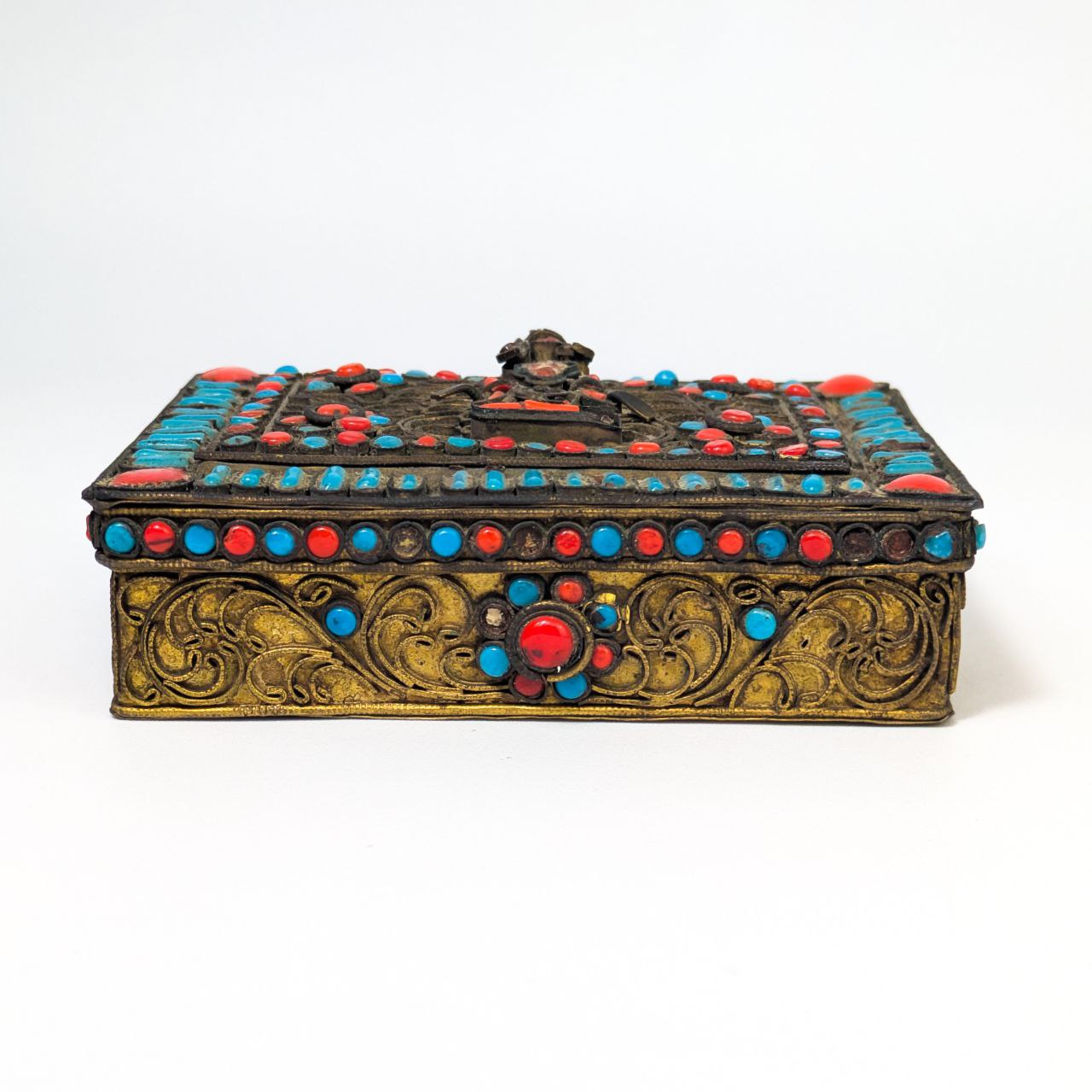 Caja Tibetana Filigrana, coral y Turquesa c.1900