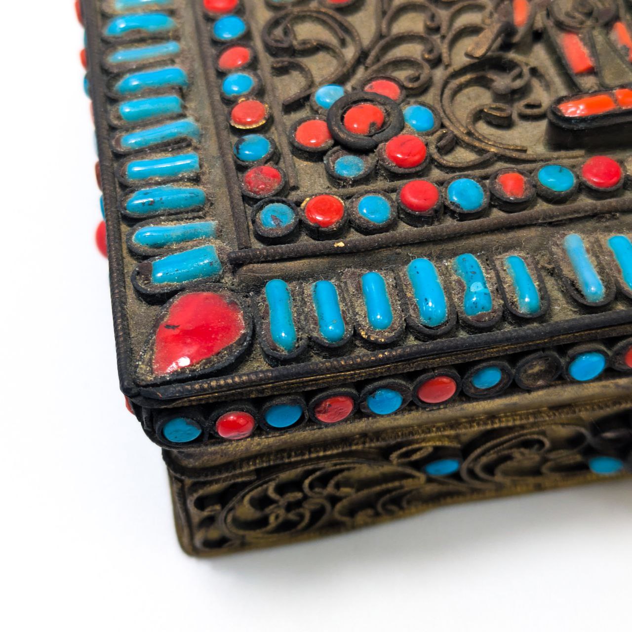 Caja Tibetana Filigrana, coral y Turquesa c.1900