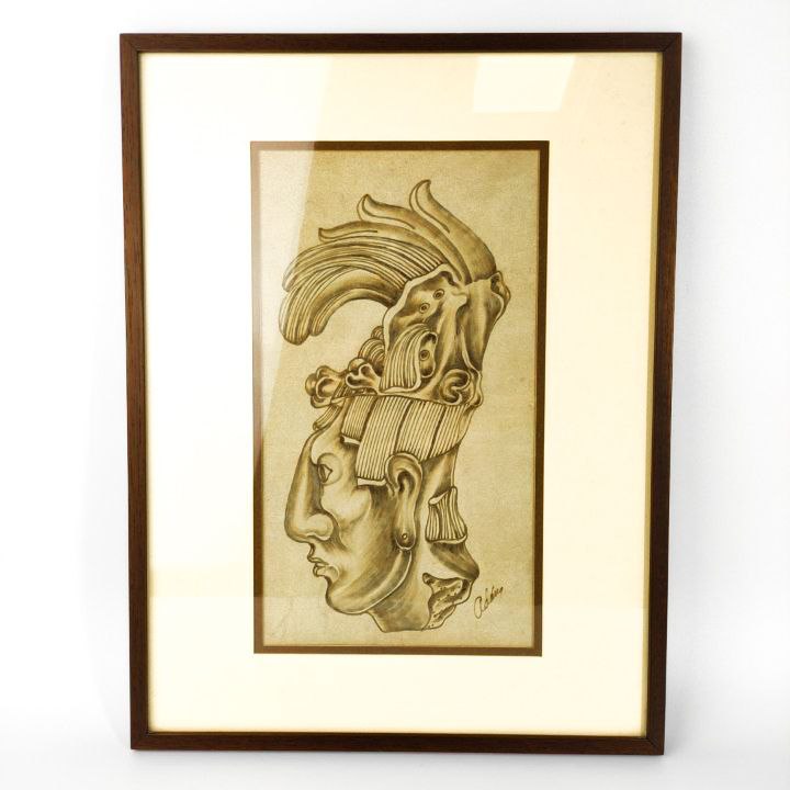 Cuadro de Cuero Pirograbado del Rey Maya Pakal, México c.1970