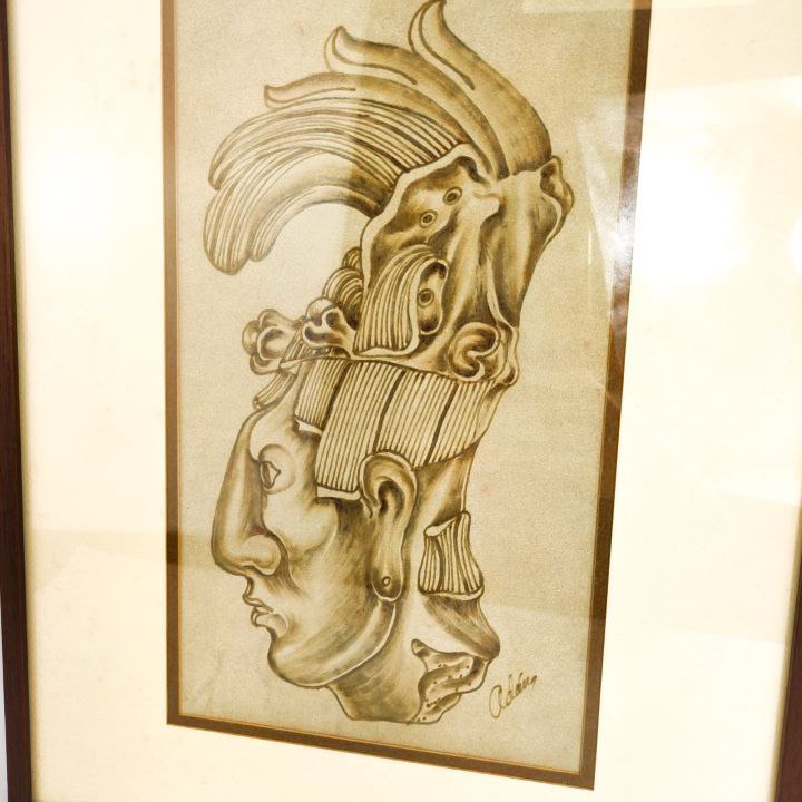 Cuadro de Cuero Pirograbado del Rey Maya Pakal, México c.1970