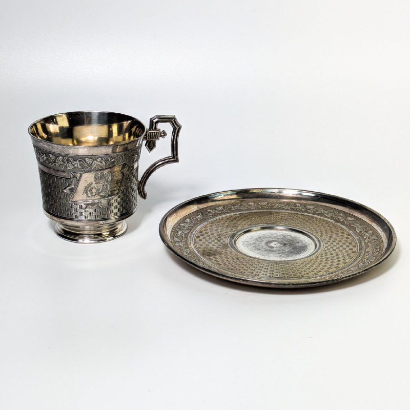 Taza Para Café con su plato Art Nouveau Bañada en Plata, Francia c.1900