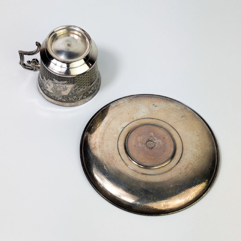 Taza Para Café con su plato Art Nouveau Bañada en Plata, Francia c.1900