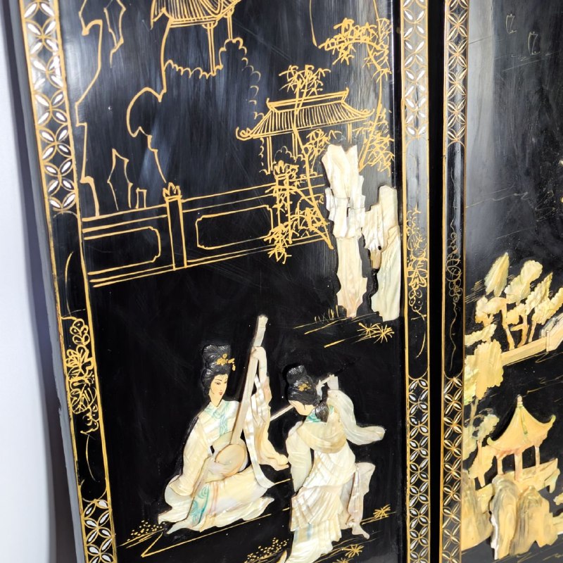 Conjunto 3 Paneles Chinos laca negra y madreperla c.1970