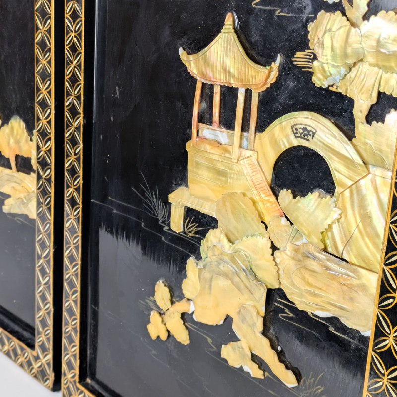 Conjunto 3 Paneles Chinos laca negra y madreperla c.1970