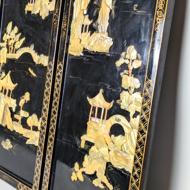 Conjunto 3 Paneles Chinos laca negra y madreperla c.1970