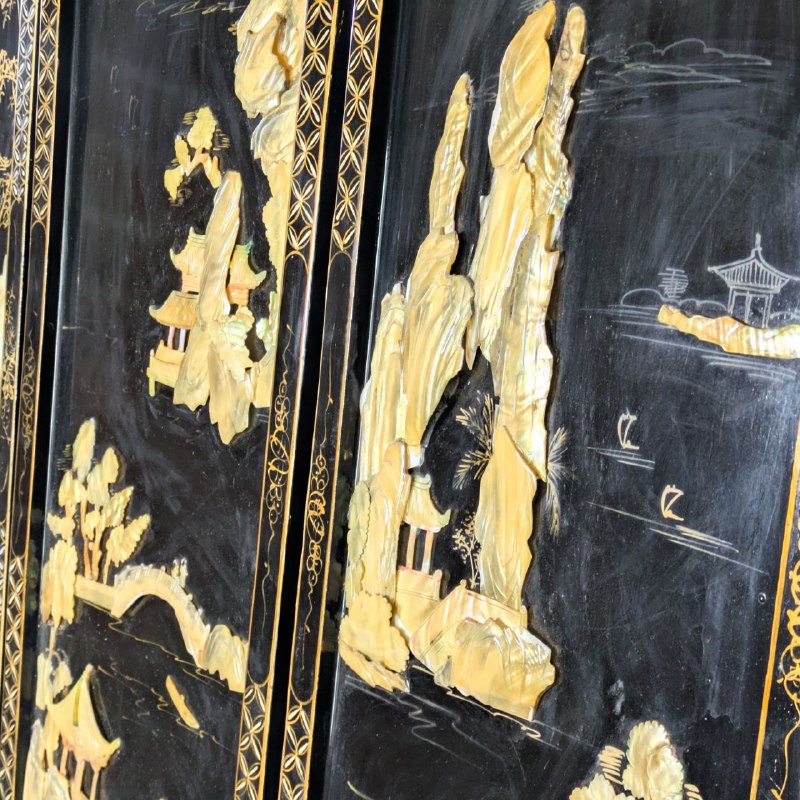 Conjunto 3 Paneles Chinos laca negra y madreperla c.1970