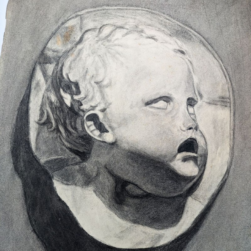 Dibujo de Medallón con cabeza de niño de Artista Barcelonés Ramón Martí c.1955