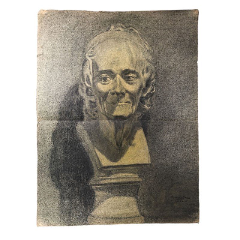 Dibujo de Busto de Voltaire de Artista Barcelonés Ramón Martí c.1955
