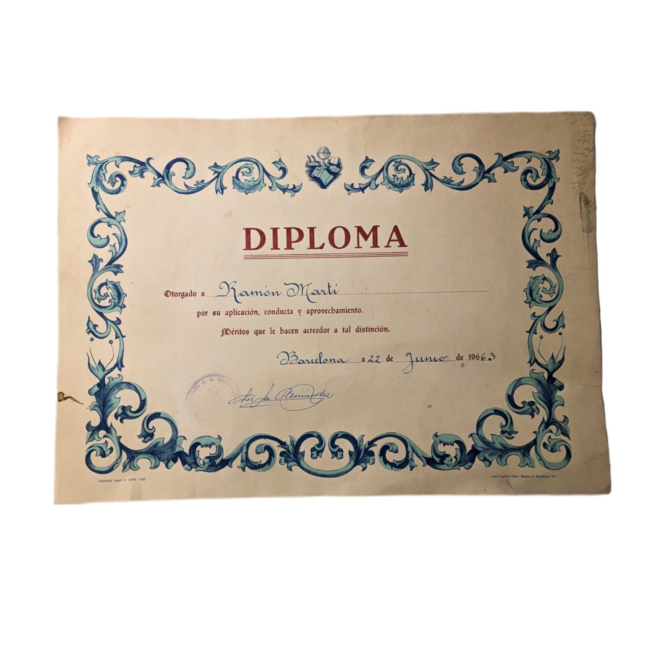 Diploma del Artista Ramón Martí