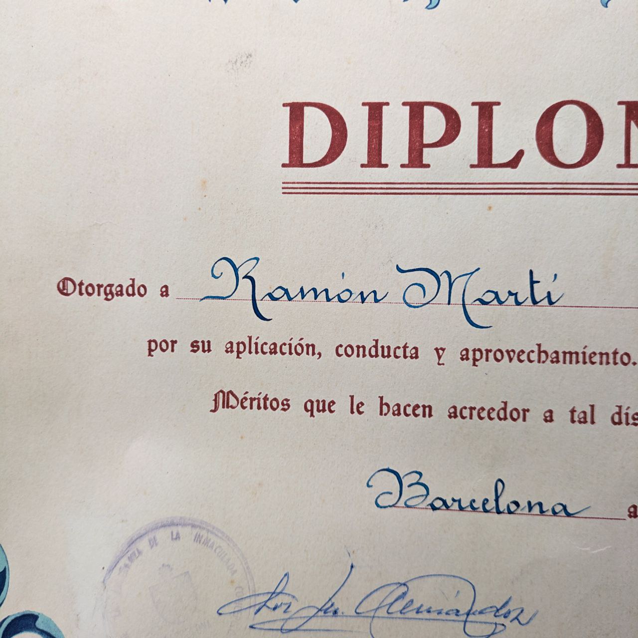 Diploma del Artista Ramón Martí