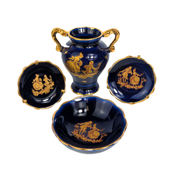 Conjunto de porcelana de limoges azul cobalto y dorado, c.1970