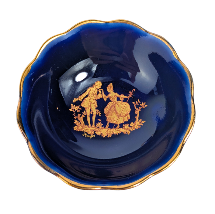 Conjunto de porcelana de limoges azul cobalto y dorado, c.1970