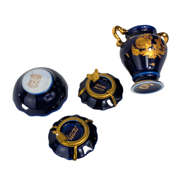 Conjunto de porcelana de limoges azul cobalto y dorado, c.1970