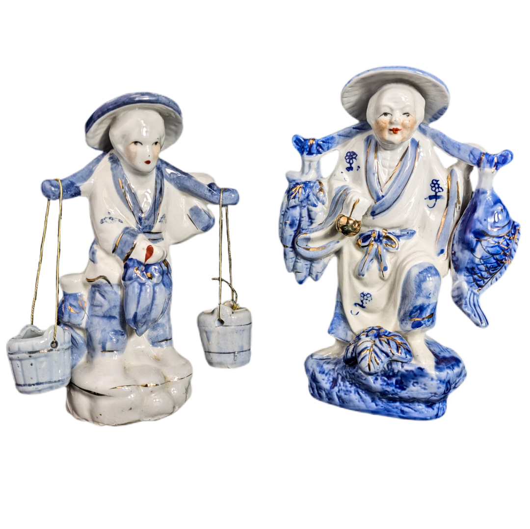 Figuras Chinas de pescador y paisana en porcelana c.1970