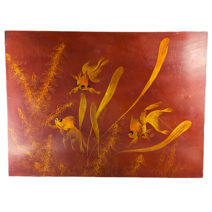 Panel vietnamita lacado peces Dorados de la abundancia c.1940