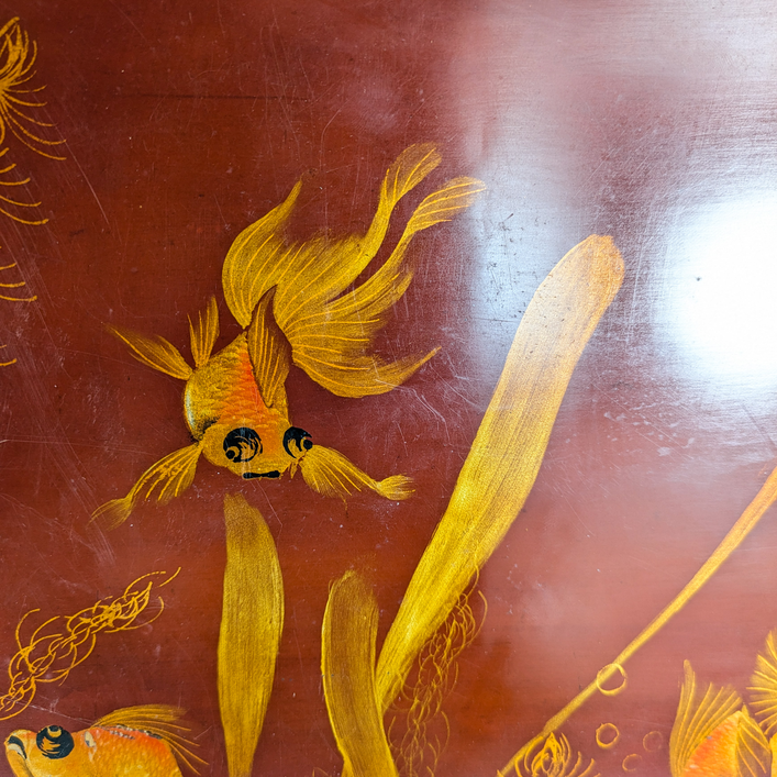 Panel vietnamita lacado peces Dorados de la abundancia c.1940