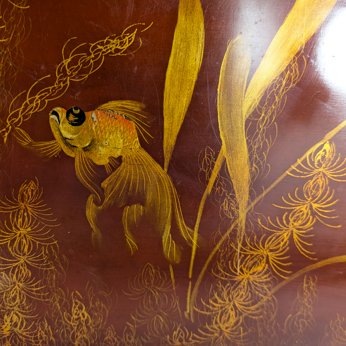 Panel vietnamita lacado peces Dorados de la abundancia c.1940