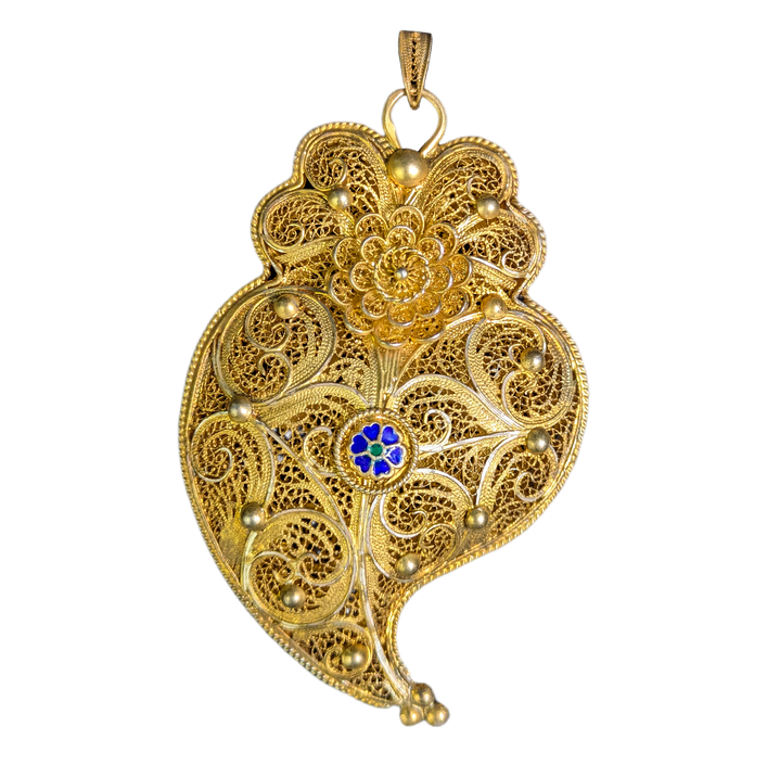 Gran Colgante 8cm filigrana plata dorada, Corazón de Viena, Portugal c.1900