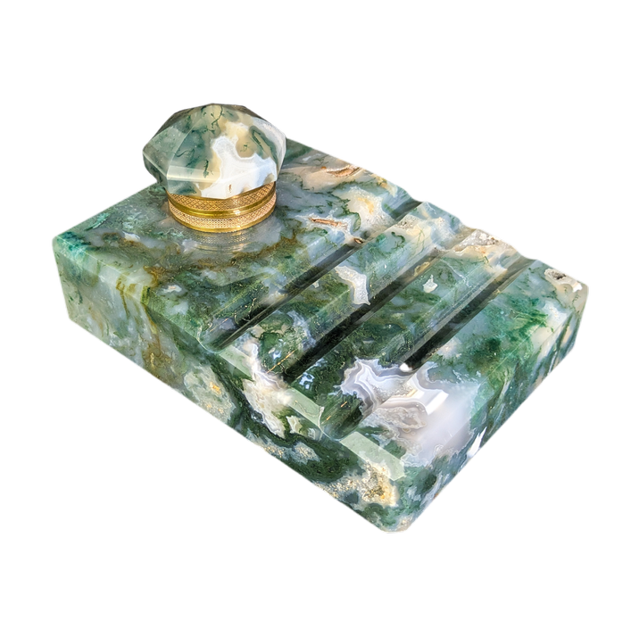 Tintero francés de ágata Verde Musgosa s.XIX